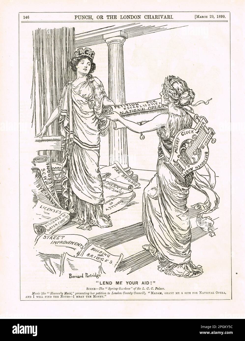 Punch Cartoon from 1899 by Bernard Partridge portraying the difficult choices in public spending by the LCC. Entitled Lend me your aid it shows music as the heavenly maid presenting a petition for the establishment of a national opera house to the LCC. It shows all the other calls on the public purse like bridge building, parks, fire brigade etc. Stock Photo