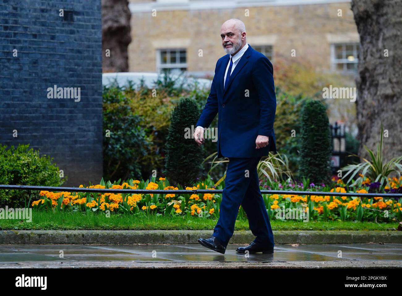 Albanian Prime Minister Edi Rama arrives at 10 Downing Street, London, ahead of his meeting with Prime Minister Rishi Sunak. Stock Photo