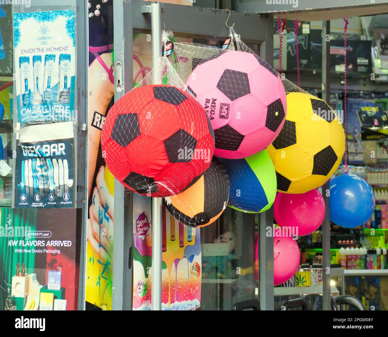 fancy goods shop frontage footballs and toys Stock Photo