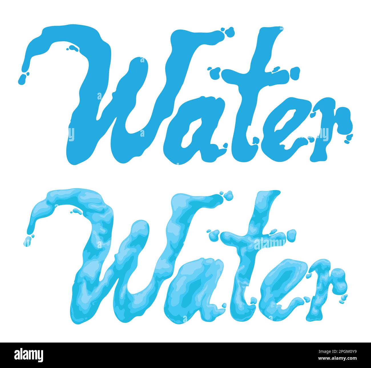 Set with the word Water with liquid effect and drops, one in flat silhouette and the other in cartoon style over white background. Stock Vector