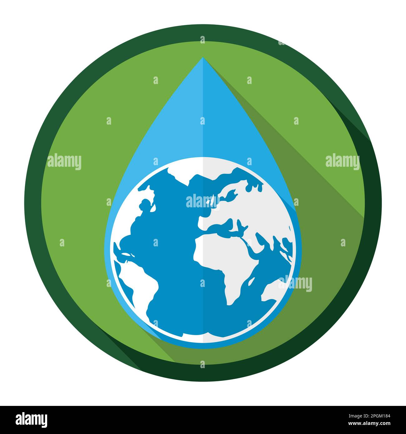 Blue drop with globe inside a round green button. Design in flat style