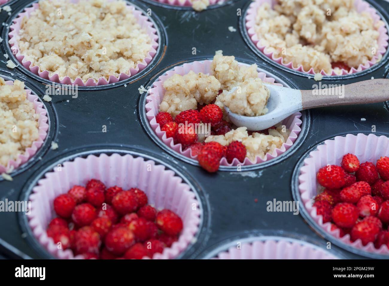 Erdbeer-Crumble, Wald-Erdbeer-Crumble, Walderdbeer-Crumble, Crumble mit Walderdbeeren, Krümelkuchen, Kuchen, in Muffinförmchen, Wald-Erdbeere, Walderd Stock Photo