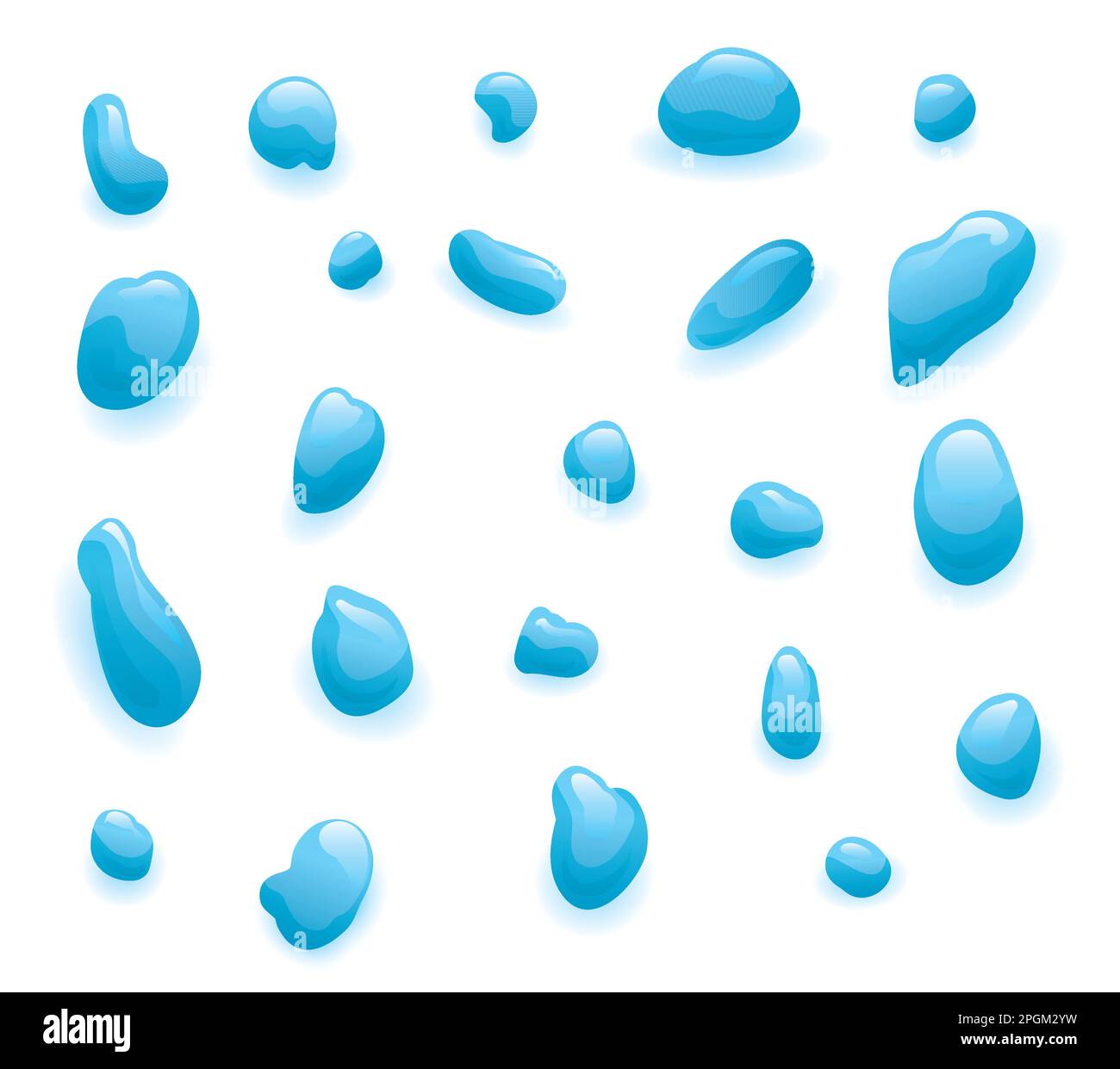 Assorted set with blue water drops in gradient effect over white background. Stock Vector