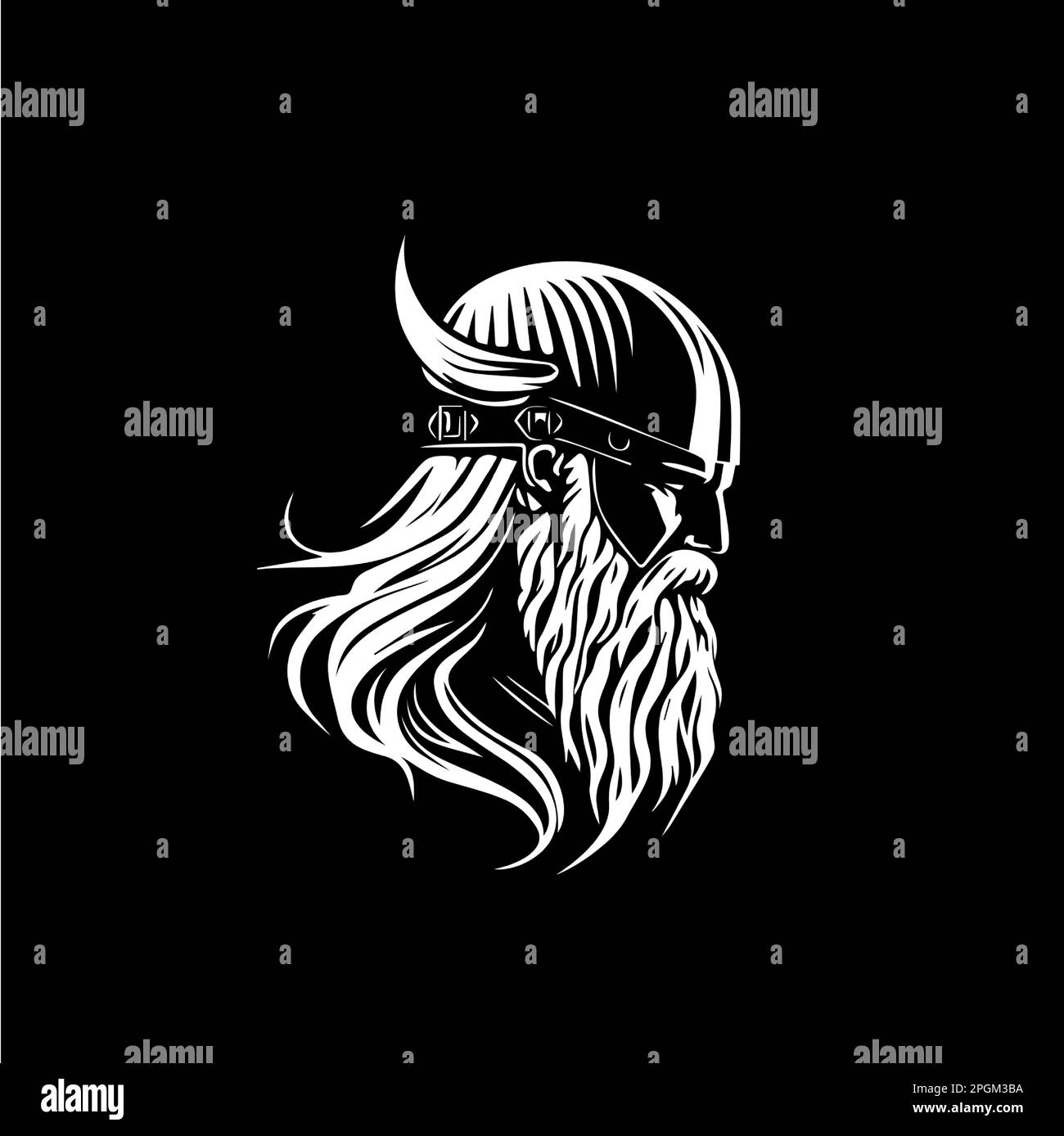 Nordic man head in helmet with horns emblem, Viking logo template, ancient warrior sign, medieval artisan of craftsman mascot. Vector illustration. Stock Vector