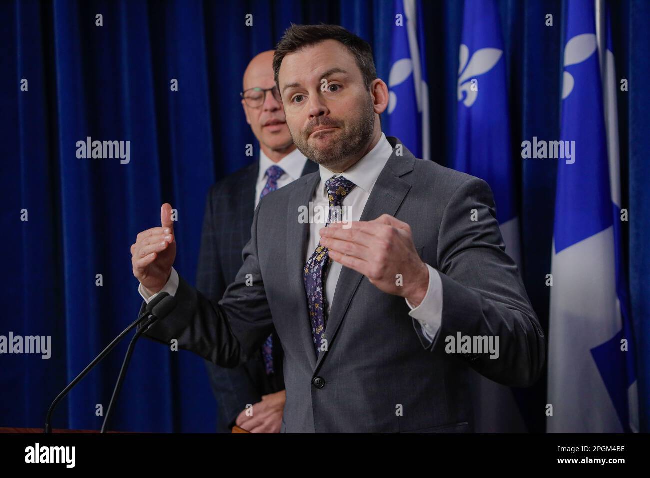 Parti Quebecois Leader Paul StPierre Plamondon gestures as he speaks