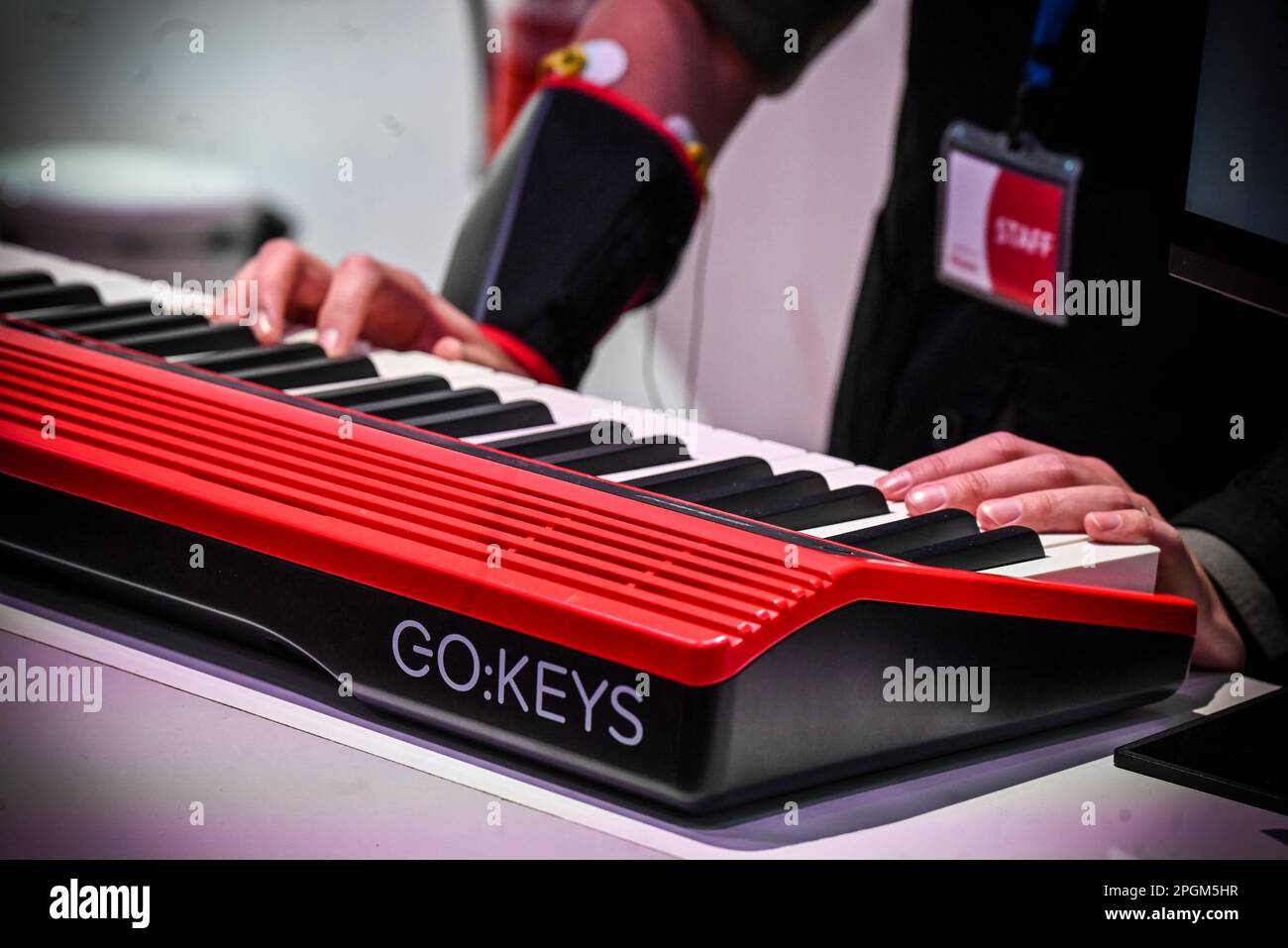 Barcelona, Spain – March 1st, 2023: Docomo Human Augmentation Platform presentation on a  Go:Keys keyboard at MWC 2023 Stock Photo