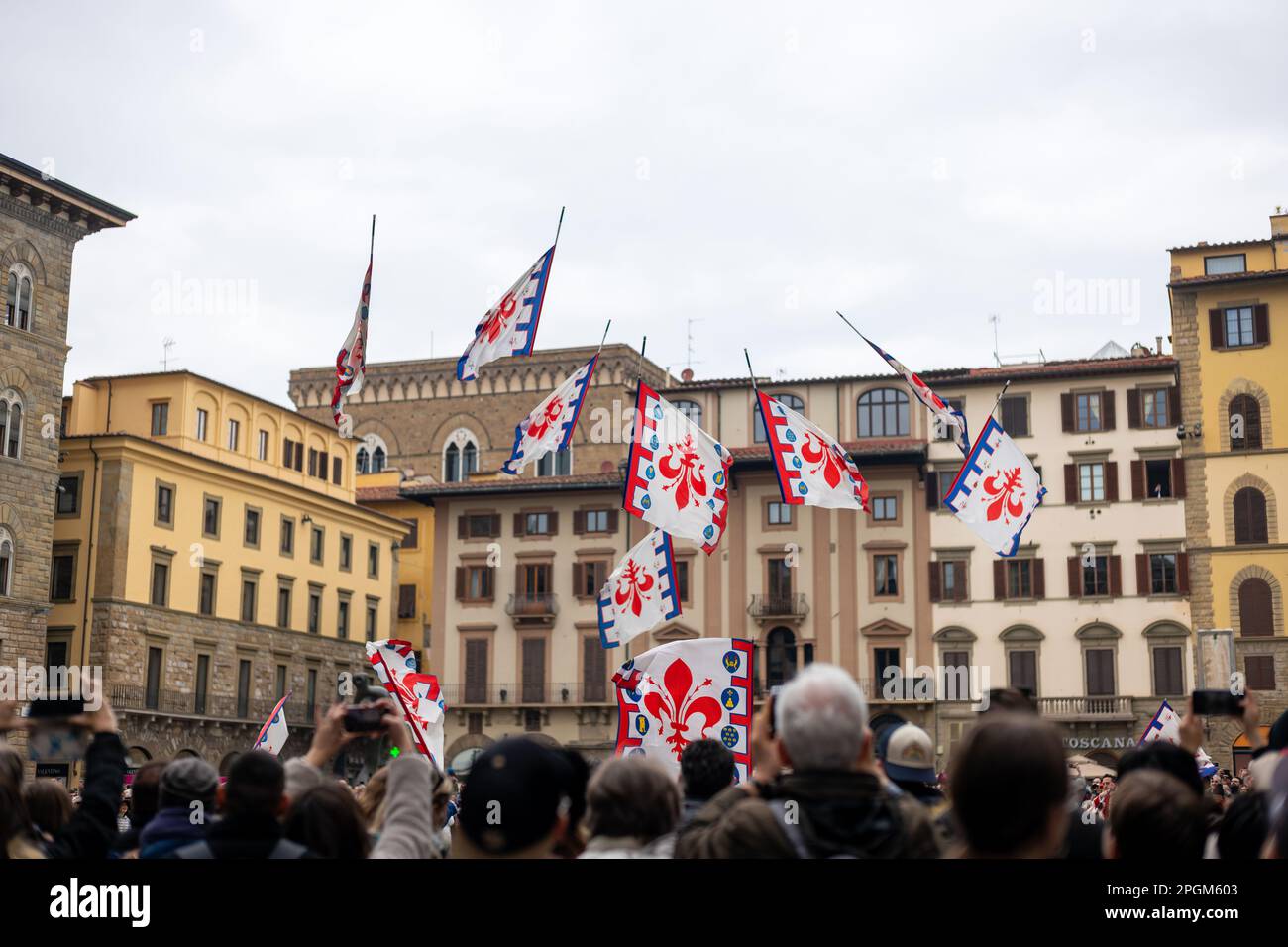 Parade and flag-throwing in the Piazza della Signoria on Feb 18 2023 in honour of Anna Maria Luisa de Medici - the last Medici. Stock Photo