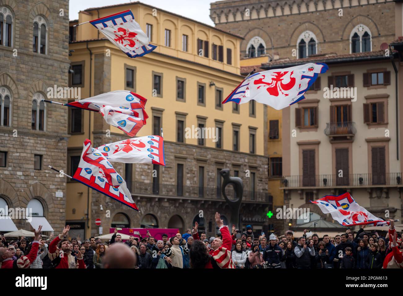 Parade and flag-throwing in the Piazza della Signoria on Feb 18 2023 in honour of Anna Maria Luisa de Medici - the last Medici. Stock Photo