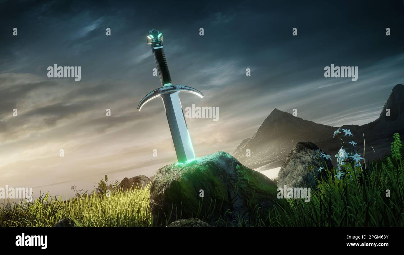A mythical old sword full of mystery set in a beautiful landscape. 3D illustration. Stock Photo