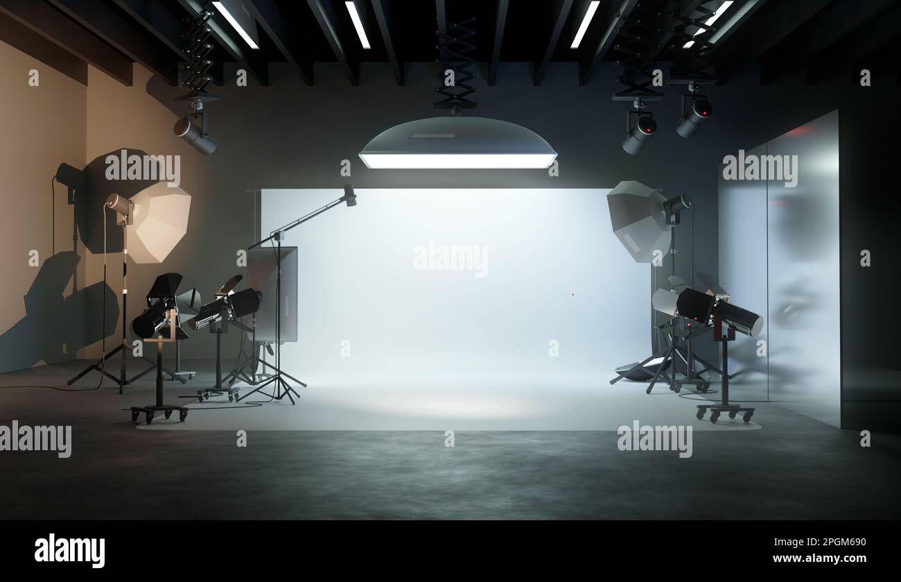A large and professional photography studio room with lighting equipment. 3D illustration. Stock Photo