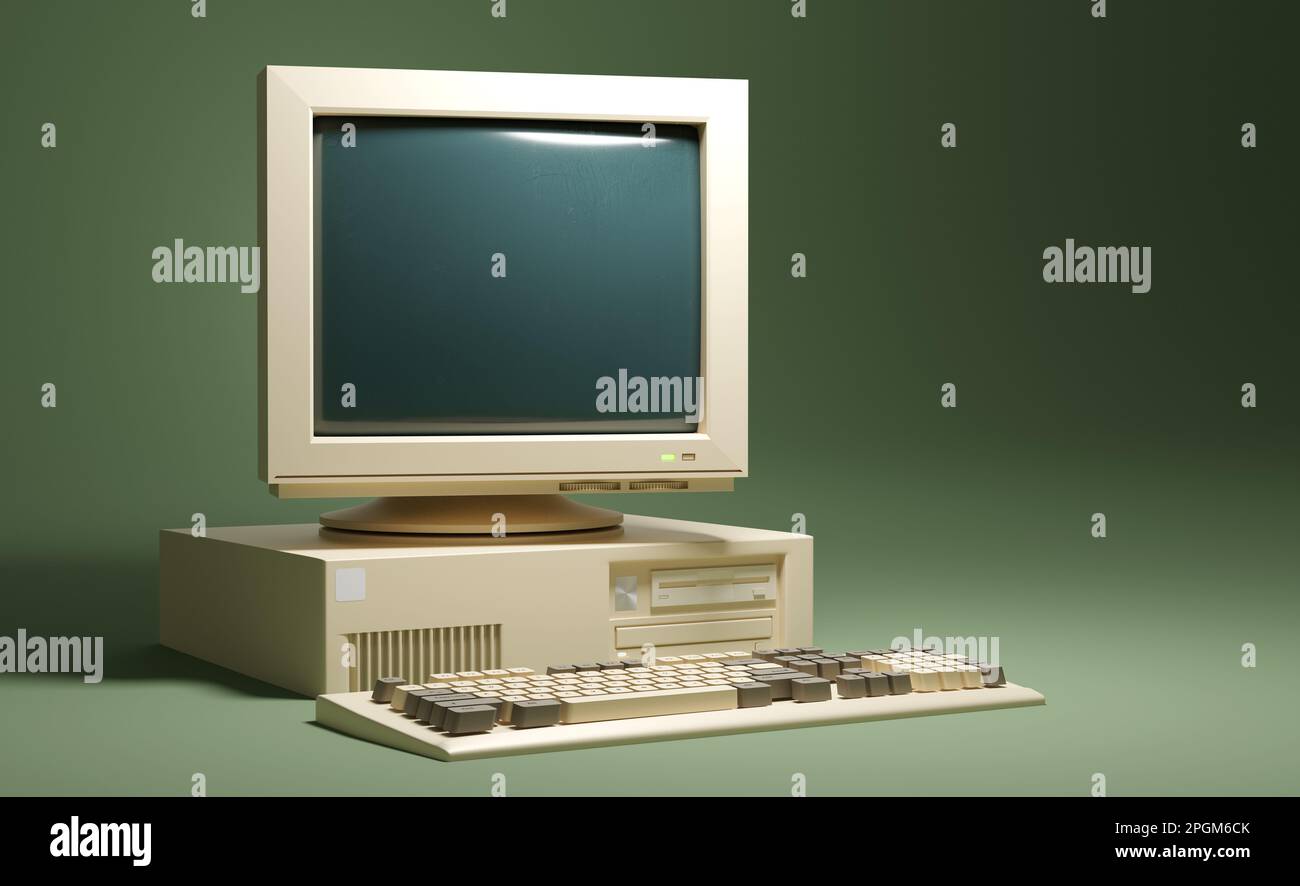 A classic 90s beige personal home computer office setup. 3d illustration Stock Photo