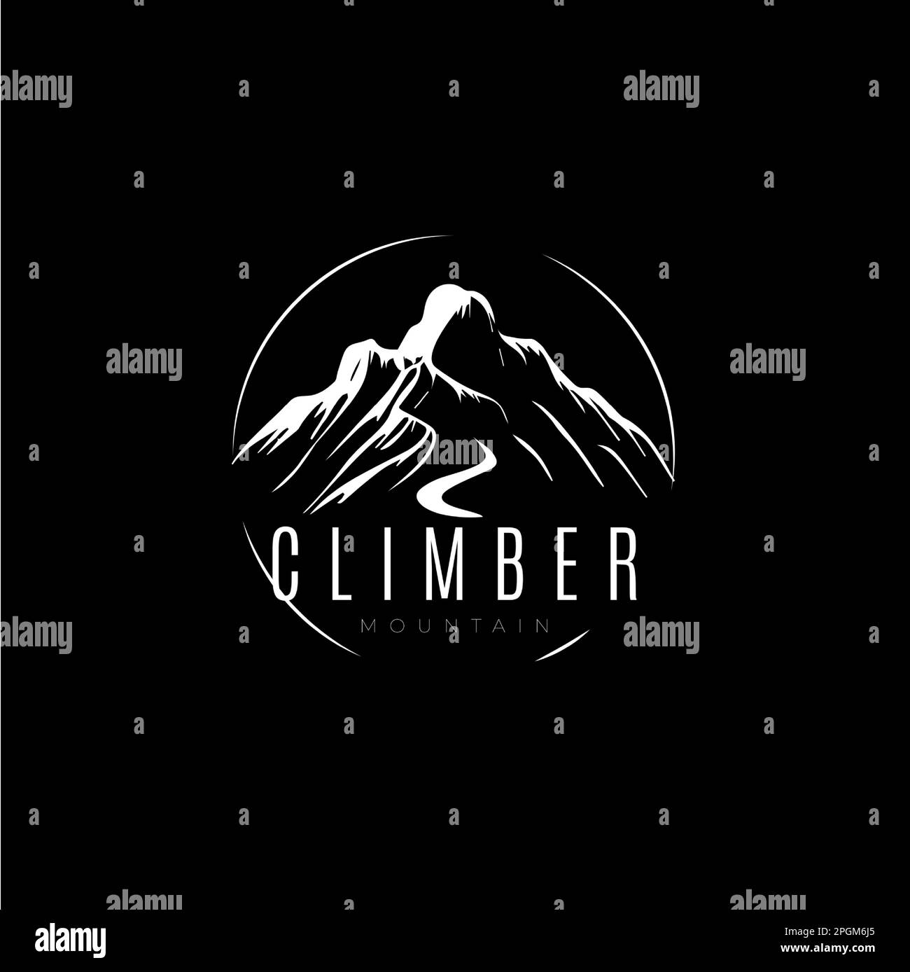 Mountain silhouette logo template, climb icon, extreme sport challenge, hiker label, risk rock expedition symbol. Vector illustration. Stock Vector