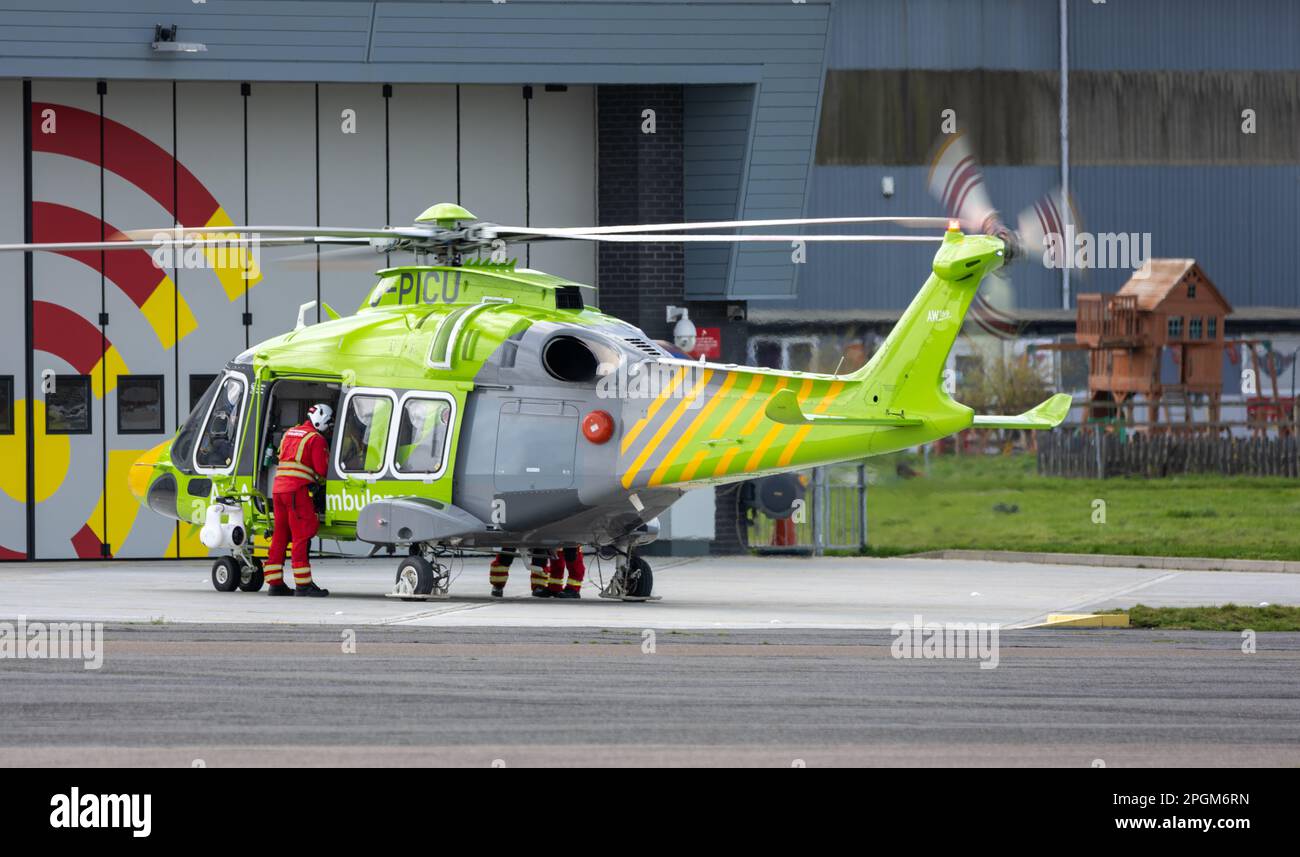 North Weald general aviation aerodrome Essex. Essex and Herts Air ambulance, G-picu, 2017 Leonardo AW169 C/N 69055 helicopter Stock Photo