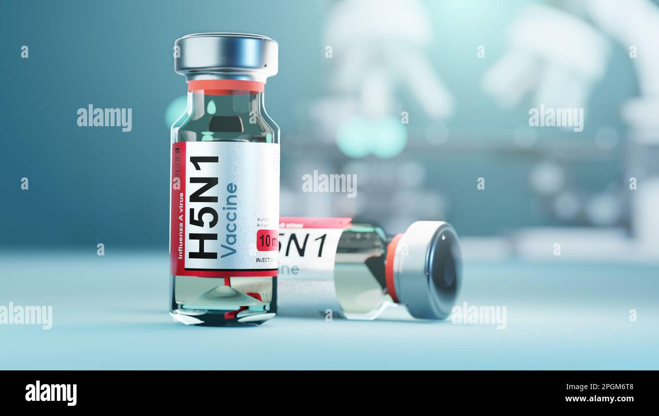 A vaccine vial of H5N1, avian influenza disease vaccination development concept. 3D illustration set in a medical lab Stock Photo