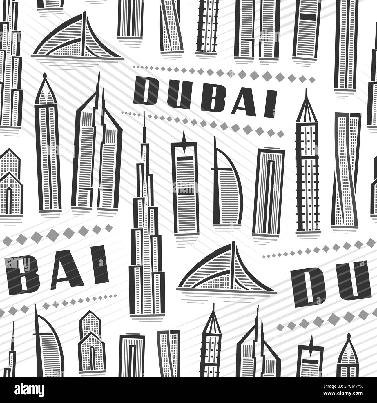 Vector Dubai Seamless Pattern, repeating background with illustration of famous modern dubai city scape on white background for wrapping paper, monoch Stock Vector