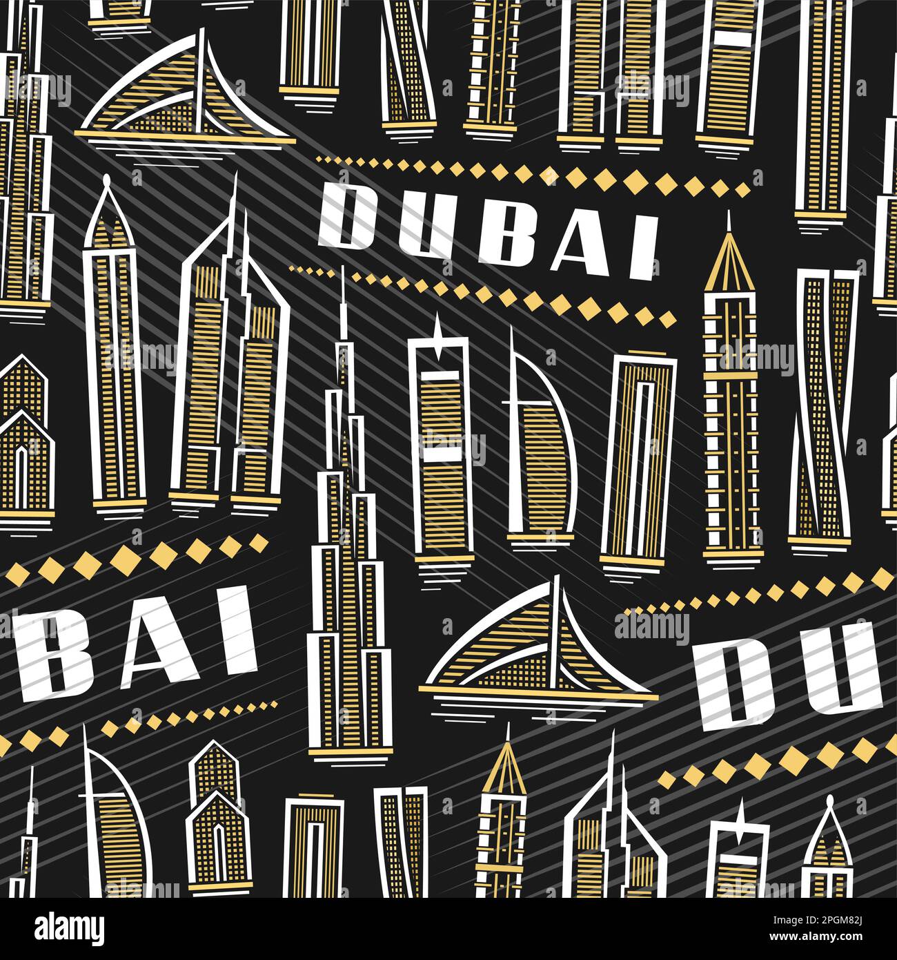 Vector Dubai Seamless Pattern, square repeating background with illustration of famous dubai city scape on dark background for wrapping paper, decorat Stock Vector