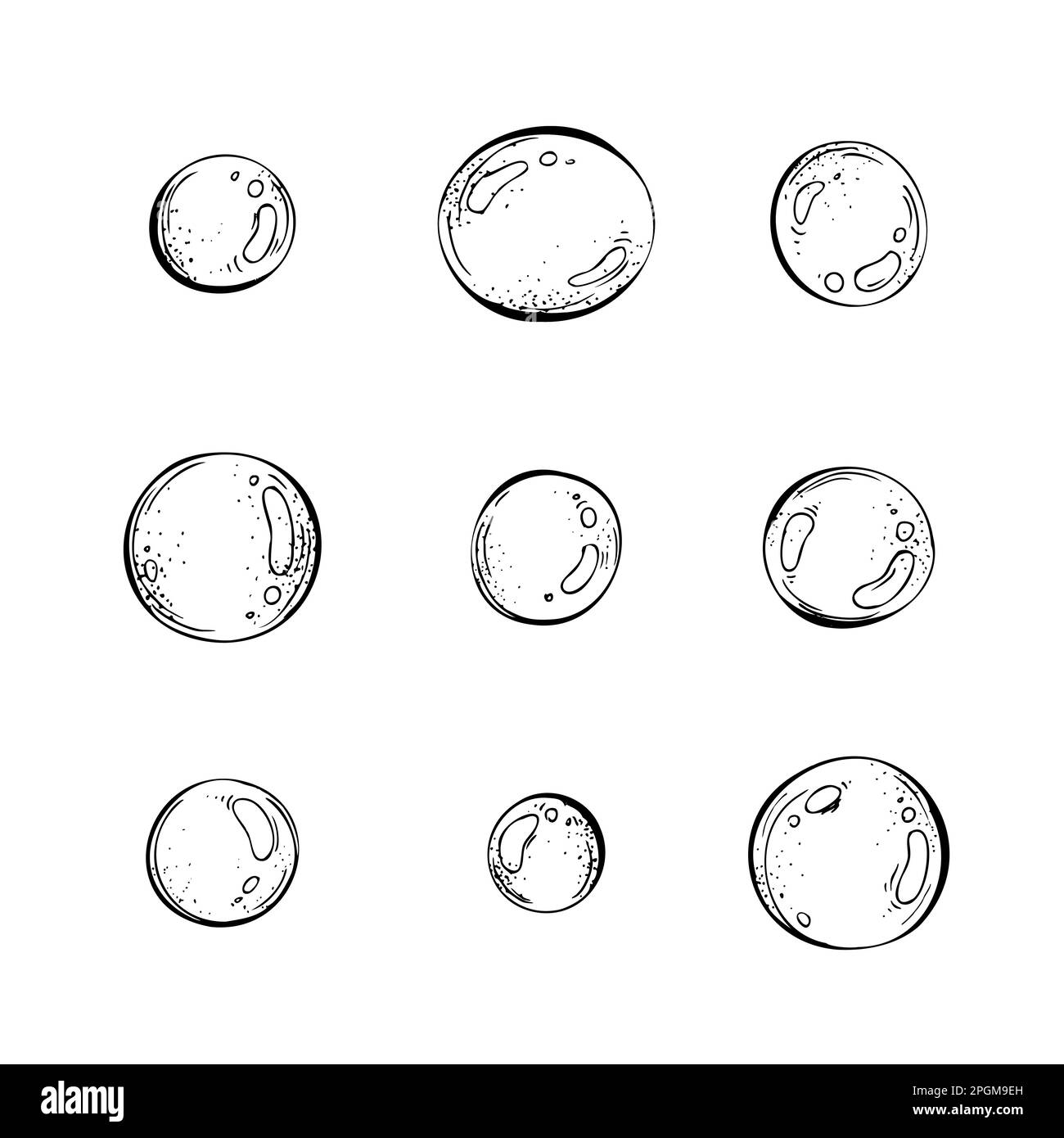 Bubbles of water, different. Black and white hand-drawn illustration in graphic technique. Isolated, vector objects from the NAUTICAL GRAPHICS Stock Vector