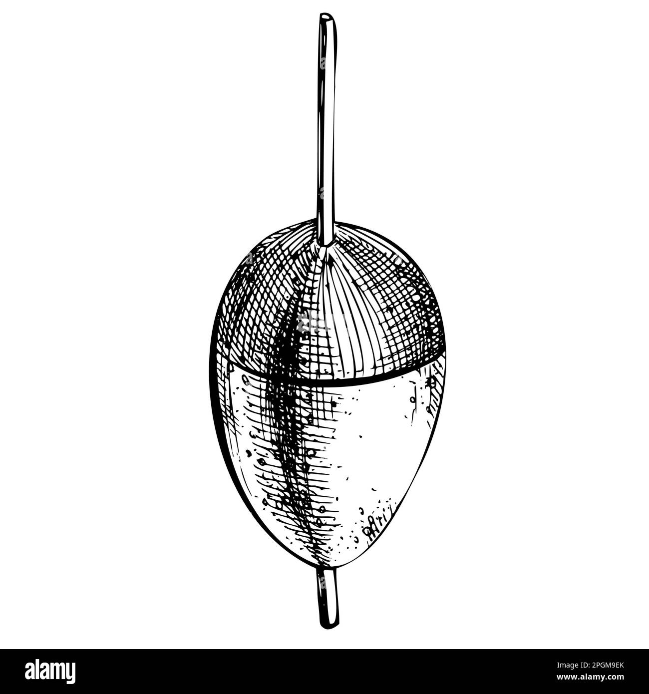 Float oval for fishing. Black and white handdrawn illustration in
