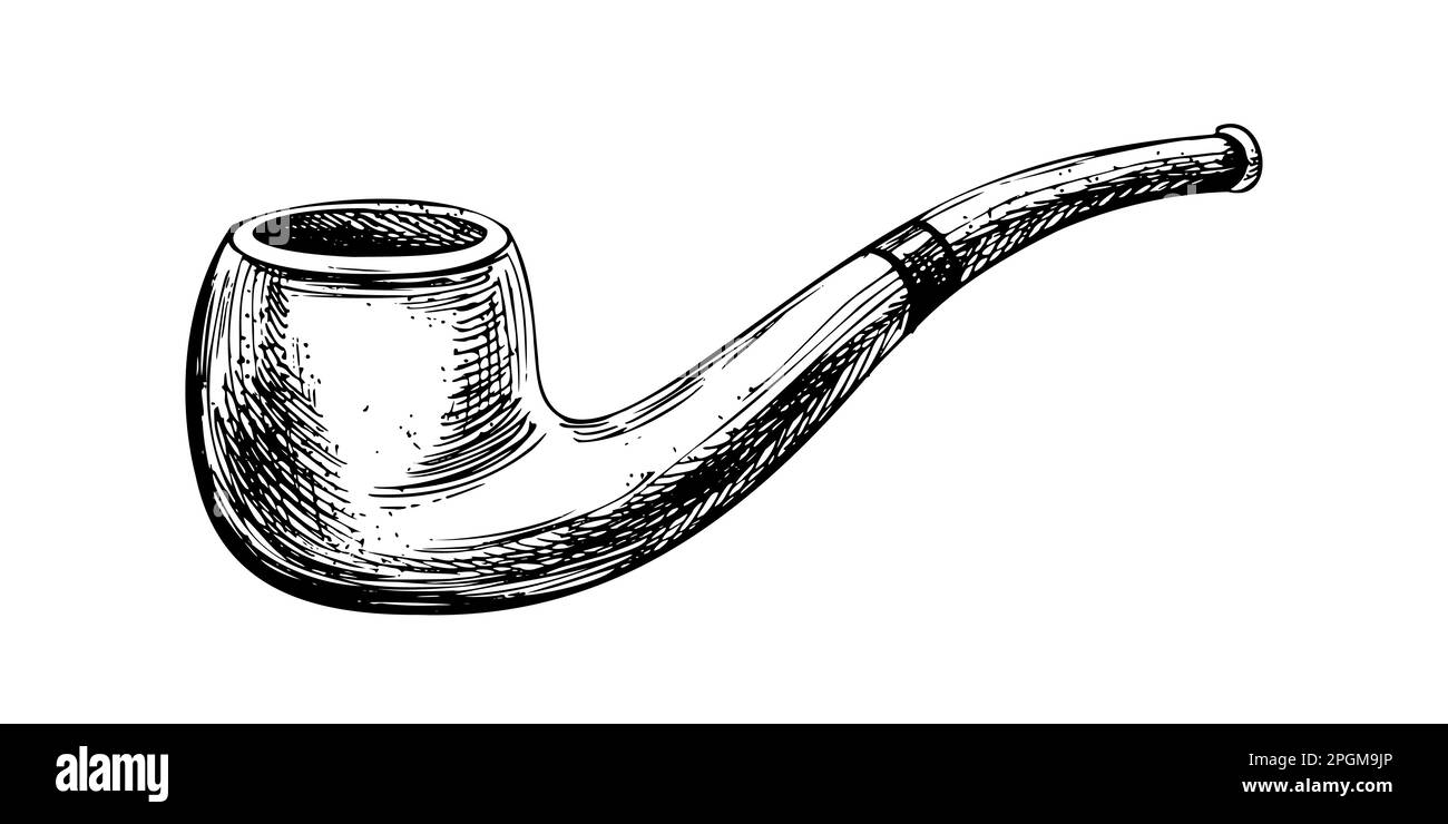 Pipe for tobacco smoking. Black and white hand-drawn illustration in graphic technique. Isolated, vector objects from the NAUTICAL GRAPHICS collection Stock Vector