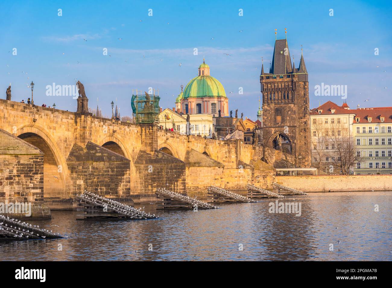 Cityscape of Prague with medieval towers and colorful buildings, Czech Republic Stock Photo