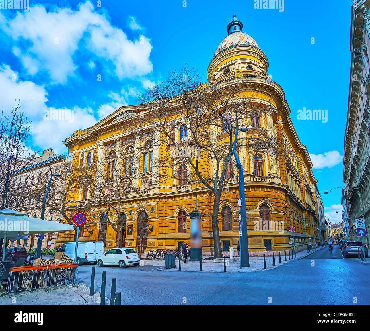 Elegant facade of Budapest University Library with wall columns