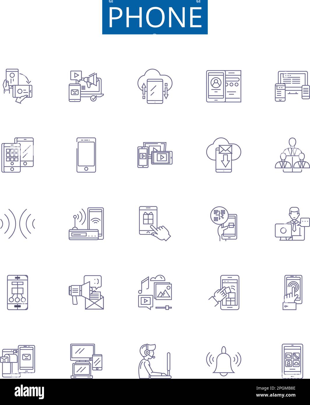 Phone line icons signs set. Design collection of Telephone, Mobile, Cell, Handset, Samsung, Iphone, Motorola, Nokia outline concept vector Stock Vector