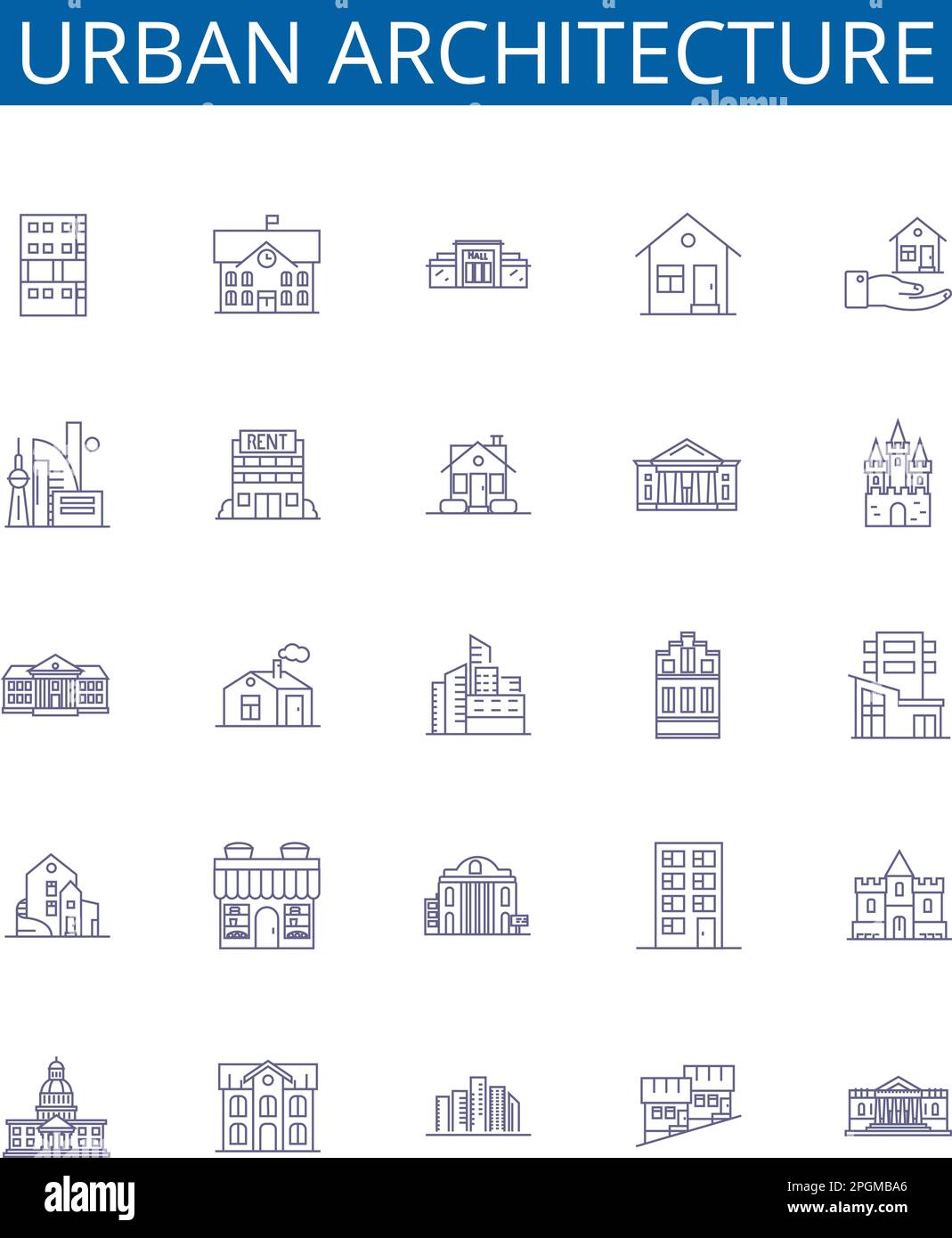 Urban architecture line icons signs set. Design collection of Urbanity, Architecture, Buildings, Skyscrapers, Townhouses, High rises, Cities, Yards Stock Vector