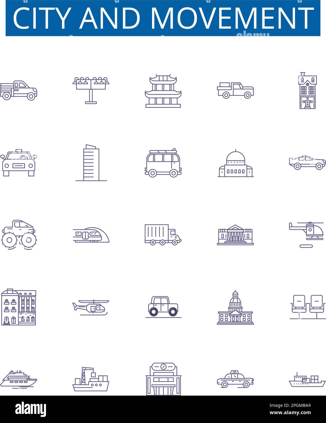 City and movement line icons signs set. Design collection of city, movement, transportation, urban, pedestrian, bike, car, bus outline concept vector Stock Vector