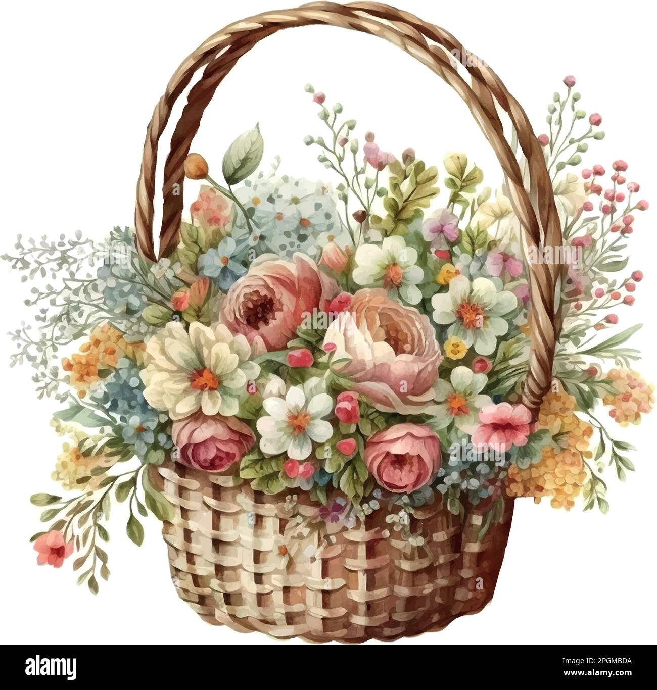 Wicker basket with flowers Victorian style. Watercolor Stock Vector