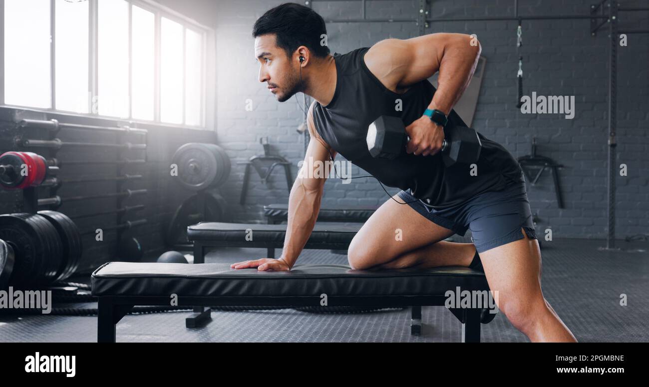 Gym, arm muscle exercise and man doing fitness performance for body ...