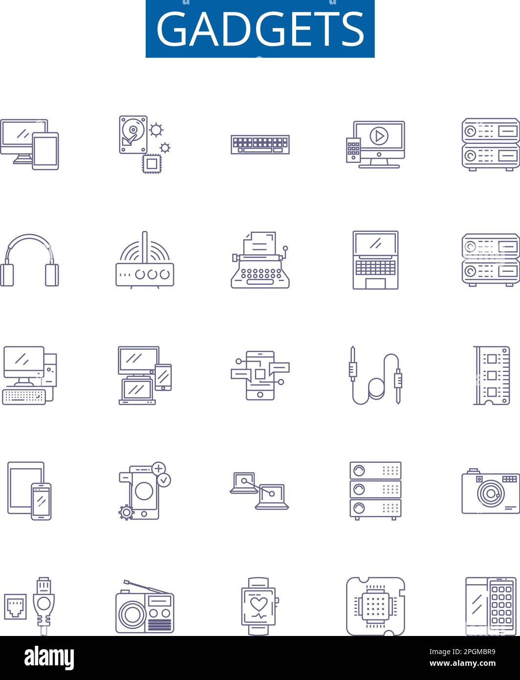 Gadgets line icons signs set. Design collection of devices, electronics, appliances, tools, technology, toys, iPhones, computers outline concept Stock Vector