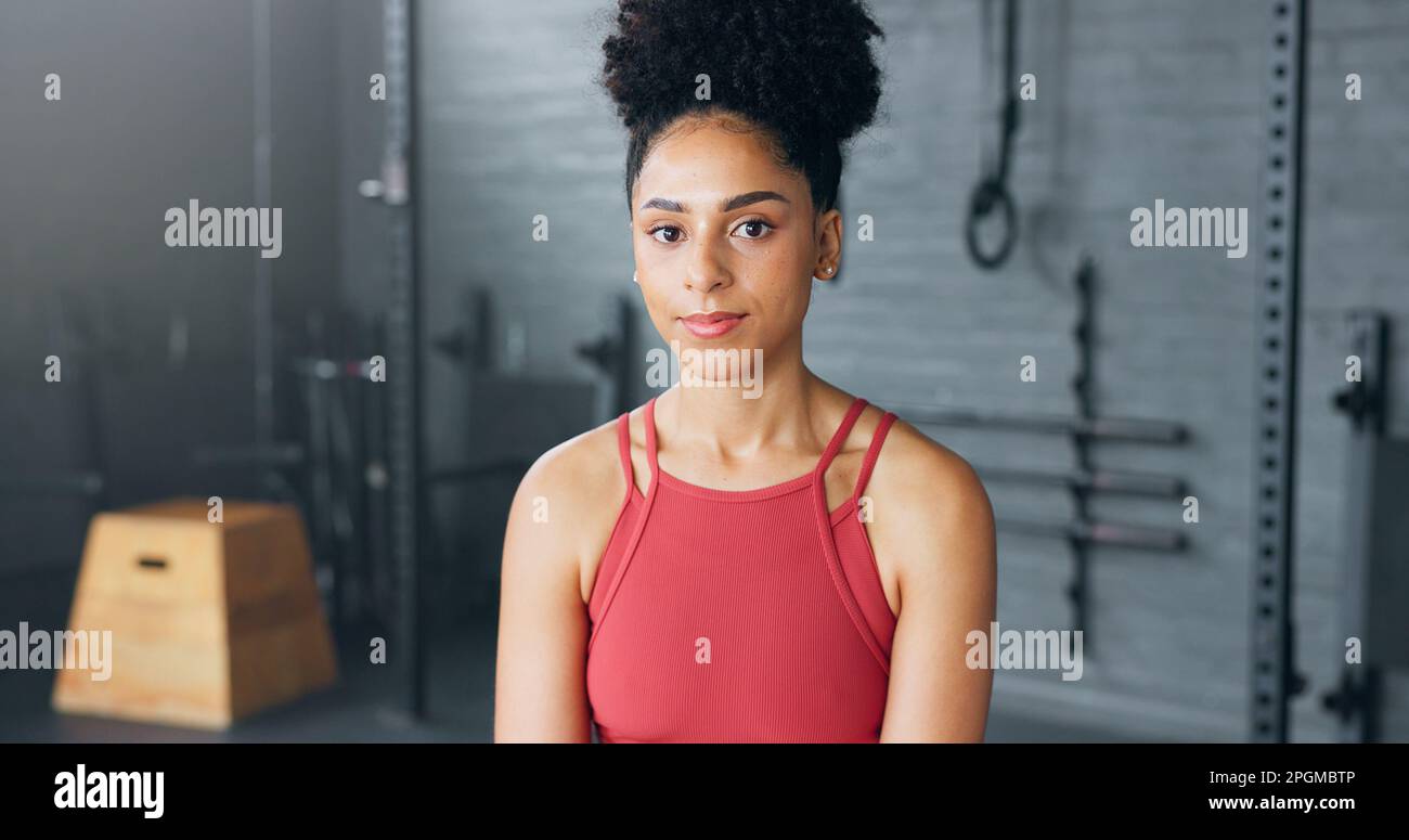 Exercise, motivation and portrait of black woman at the gym ready for ...