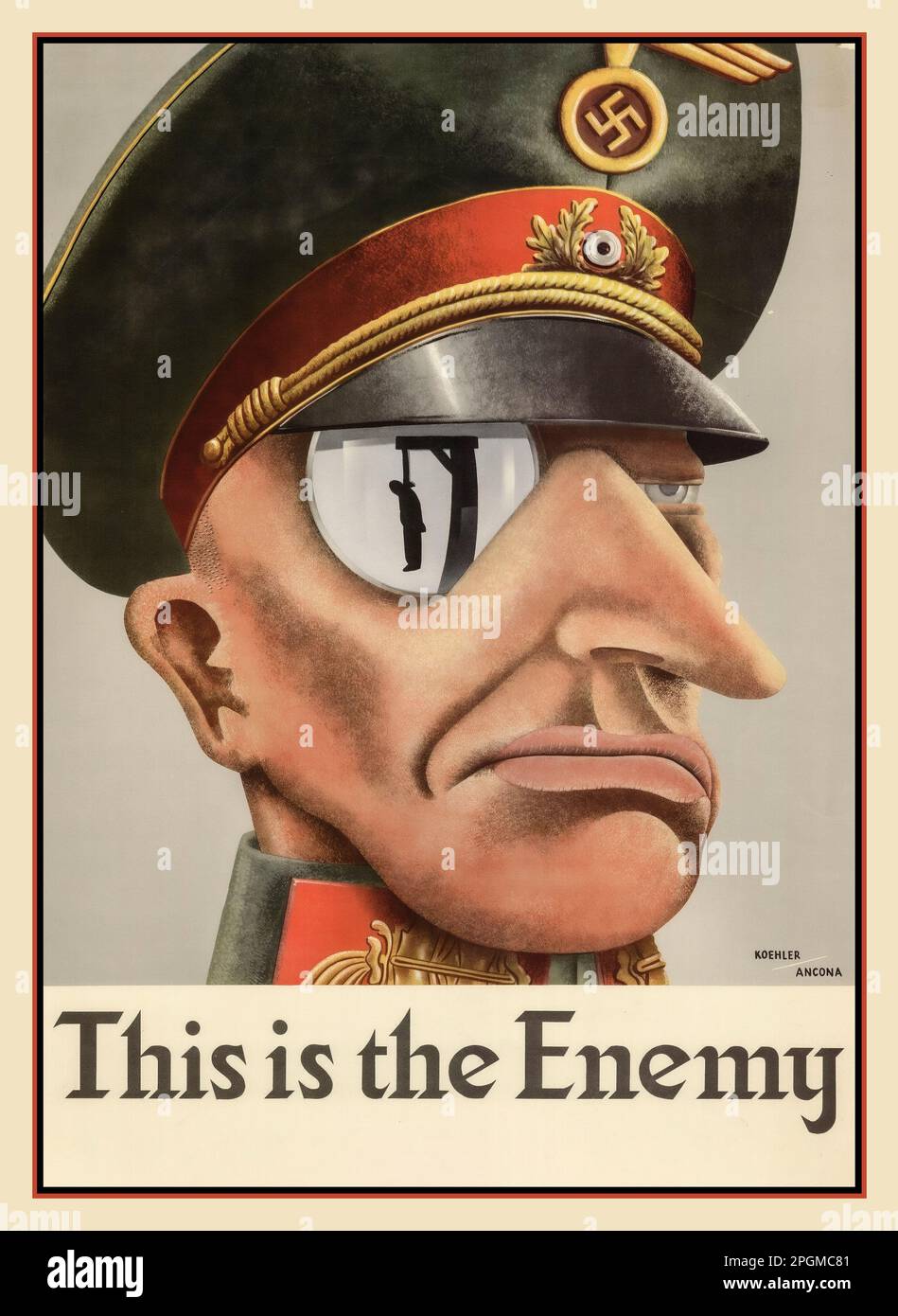 Vintage WW2 1940s anti Nazi Propaganda Poster featuring a caricature Nazi officer wearing an officers hat with swastika with a monocle reflecting a man hung on a scaffold. Caption THIS IS THE ENEMY' A prize winning poster in the USA Stock Photo