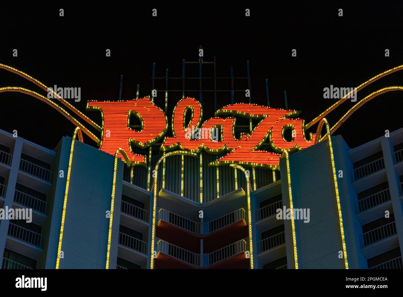A picture of the neon sign atop the Plaza Hotel and Casino. Stock Photo