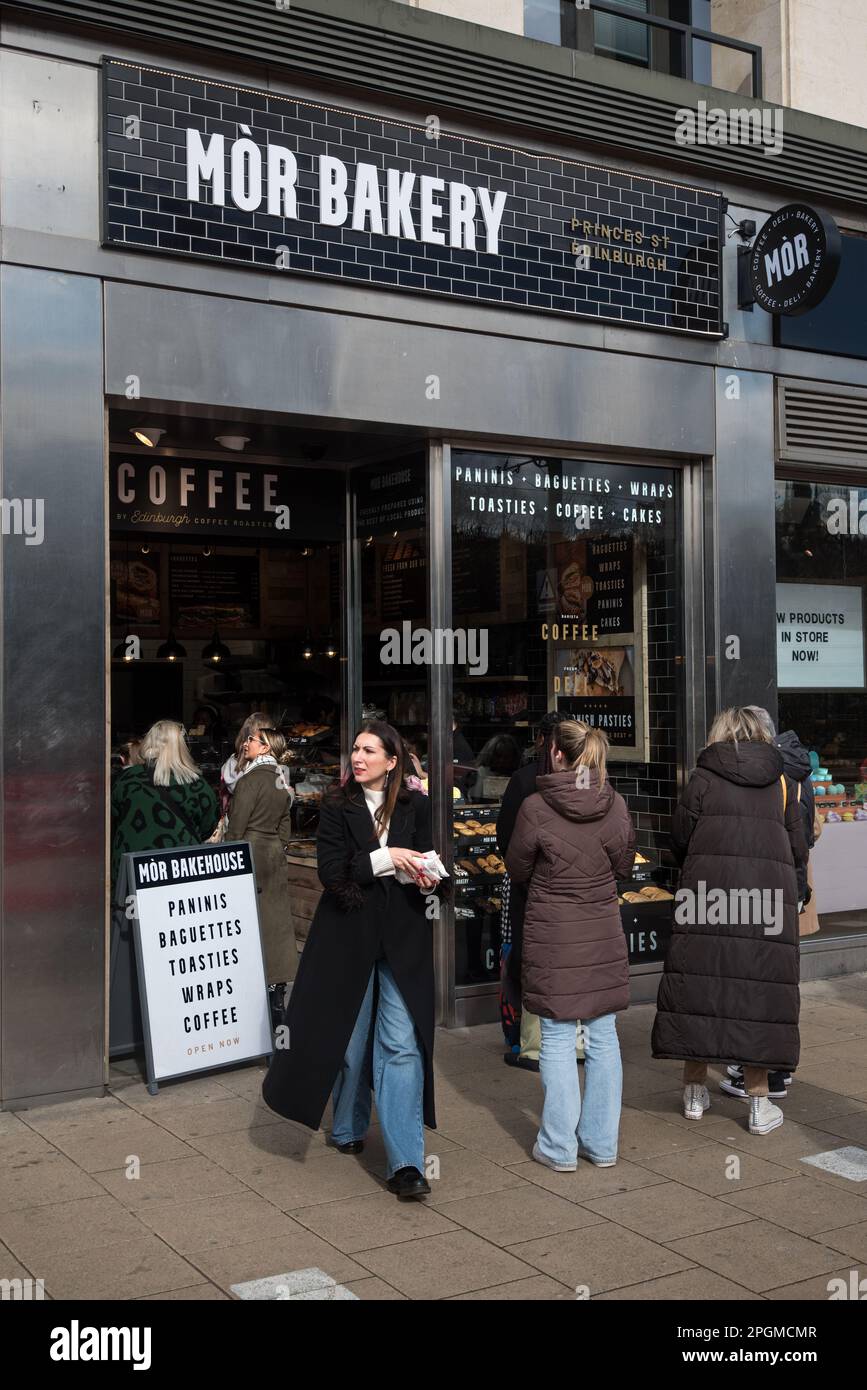 Exterior view with customers of Mor Bakery on Princes Street, Edinburgh, Scotland, UK. Stock Photo