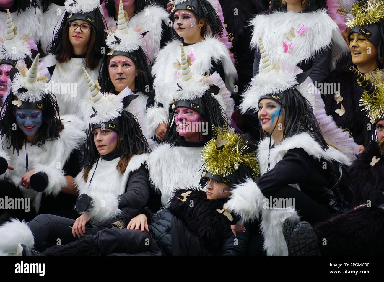 Rijeka, Croatia, 19th February, 2023. Girls and women in cute unicorn costumes pose at the carnival Stock Photo