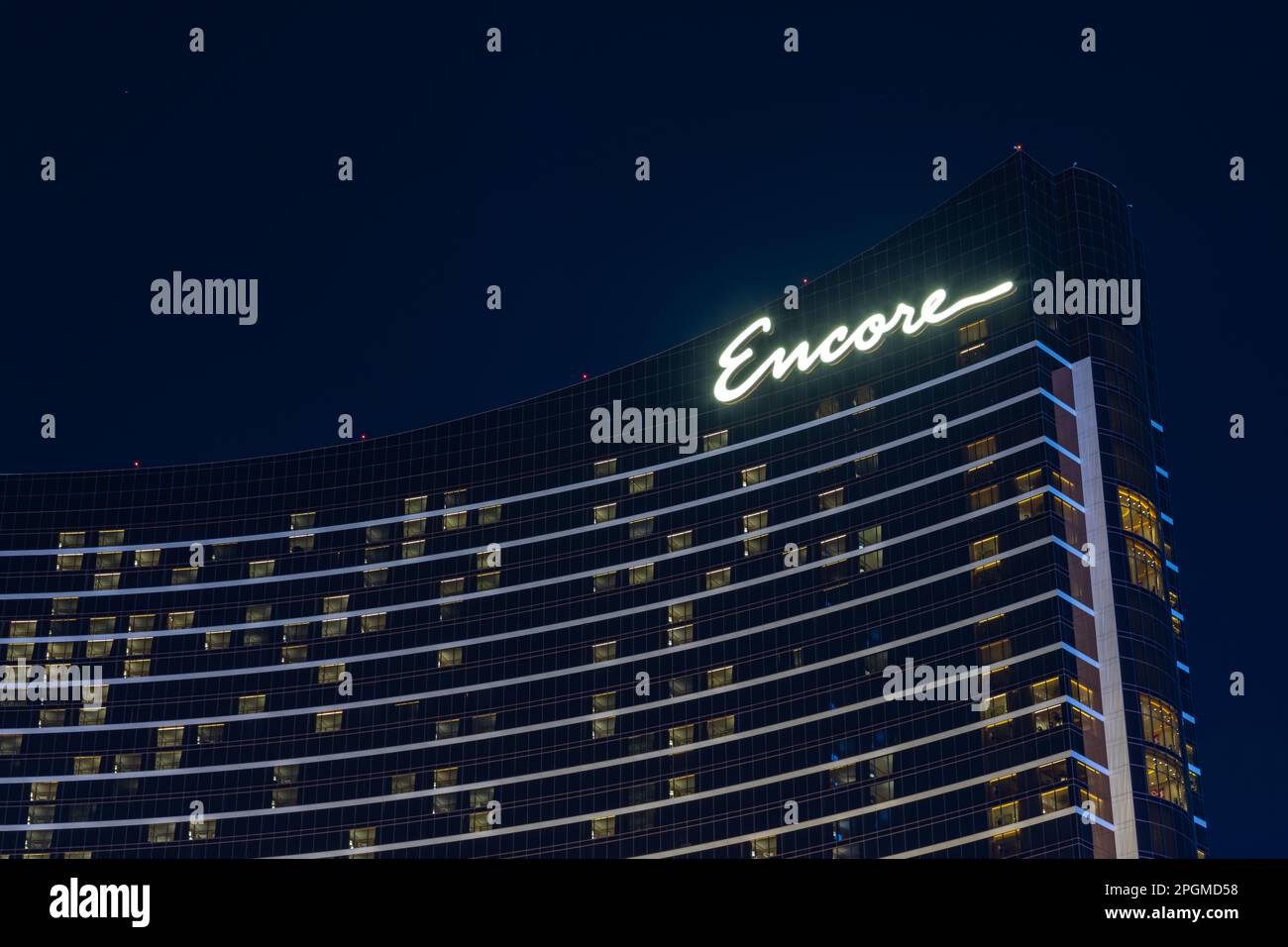A close-up picture of the Encore at Wynn Las Vegas at night. Stock Photo