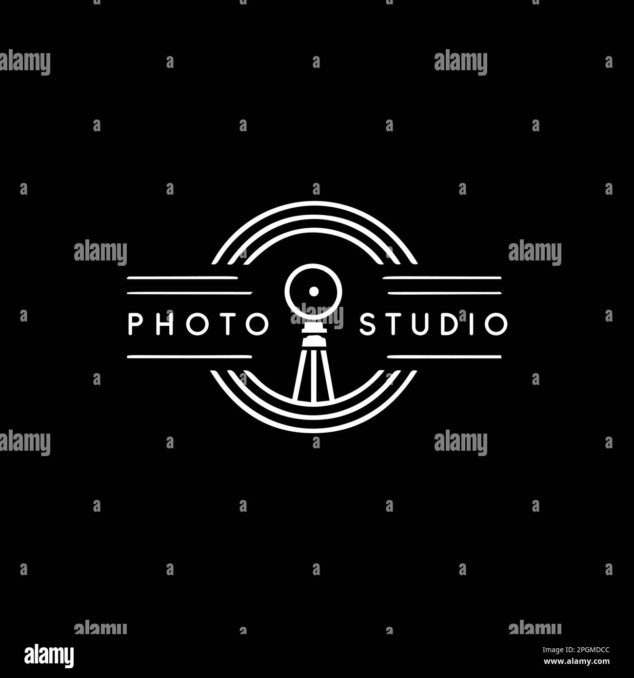 Photo studio vintage retro emblem. White linear photographer logo concept on black background. Vector illustration. Stock Vector