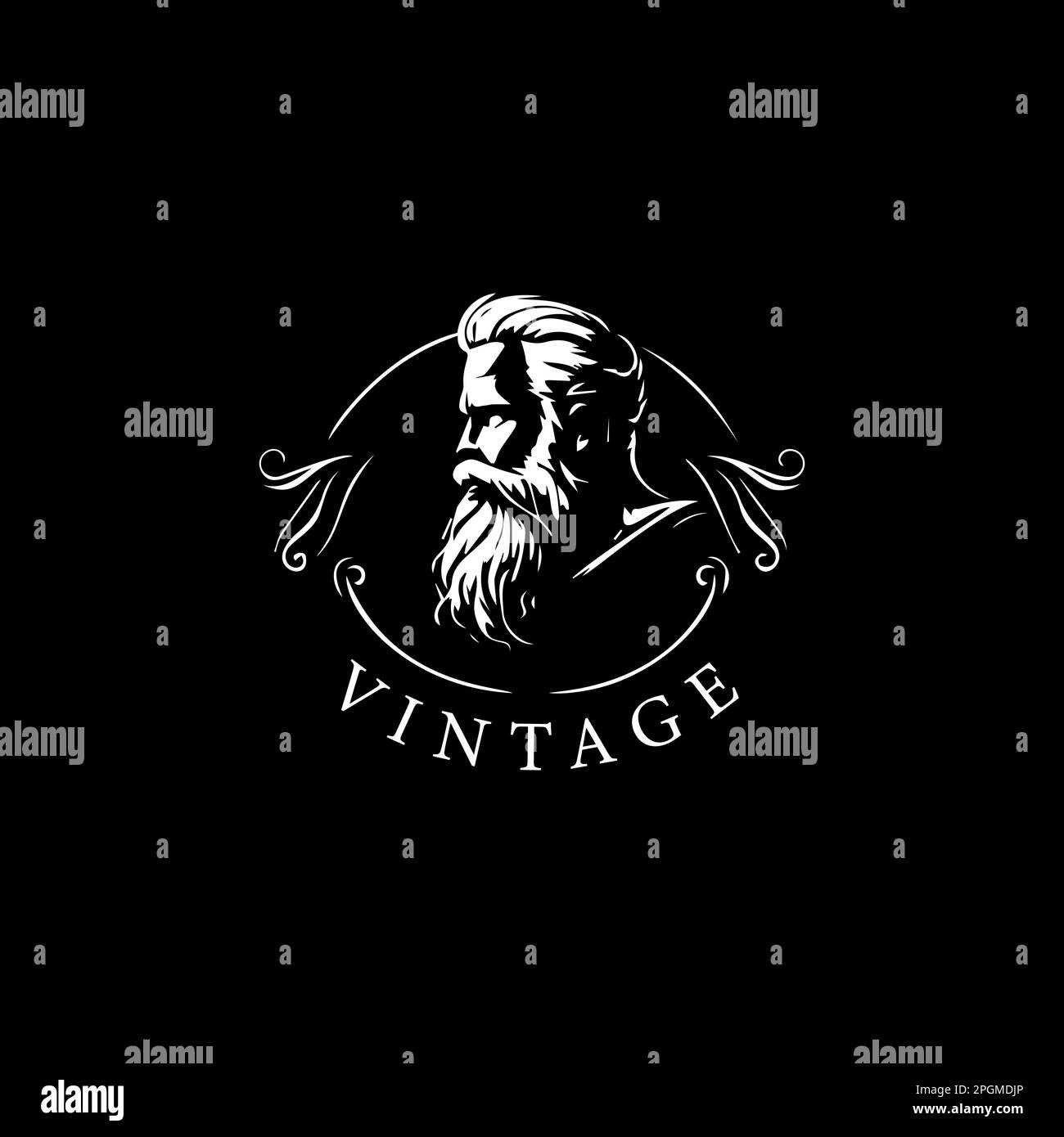 Bearded old man bust logo template, Elder hipster portrait emblem, sage stamp, grandfather tattoo sketch. Hand drawing emblem on black background for Stock Vector