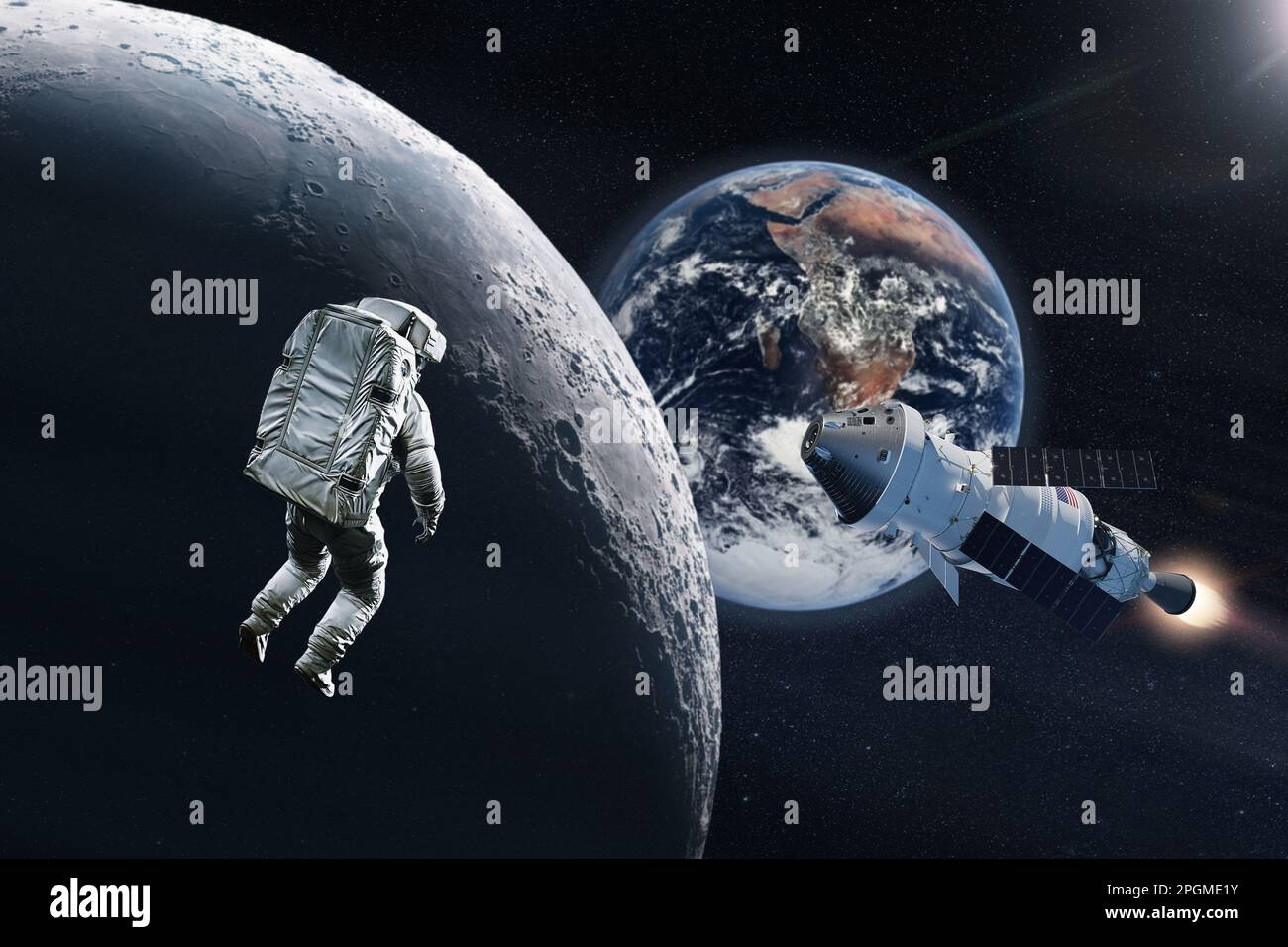 Mission to the Moon. Spaceman and Orion spaceship. Elements of this image furnished by NASA. Stock Photo