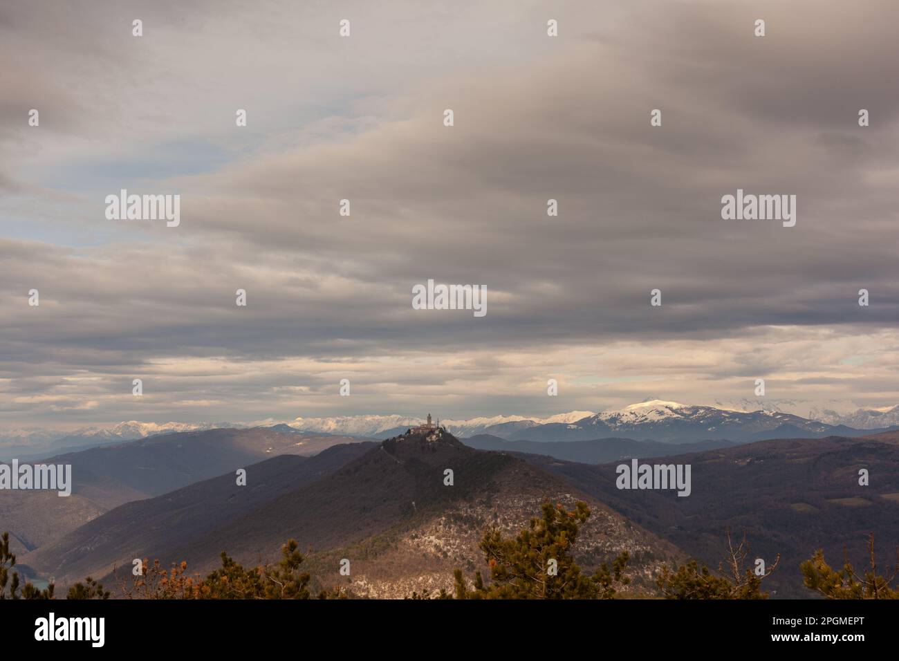 Top view from St. Gabriel Mountain of the Holy Mountain called Monte Santo in Italian, Sveta Gora in Slovenian with its sanctuary above Stock Photo
