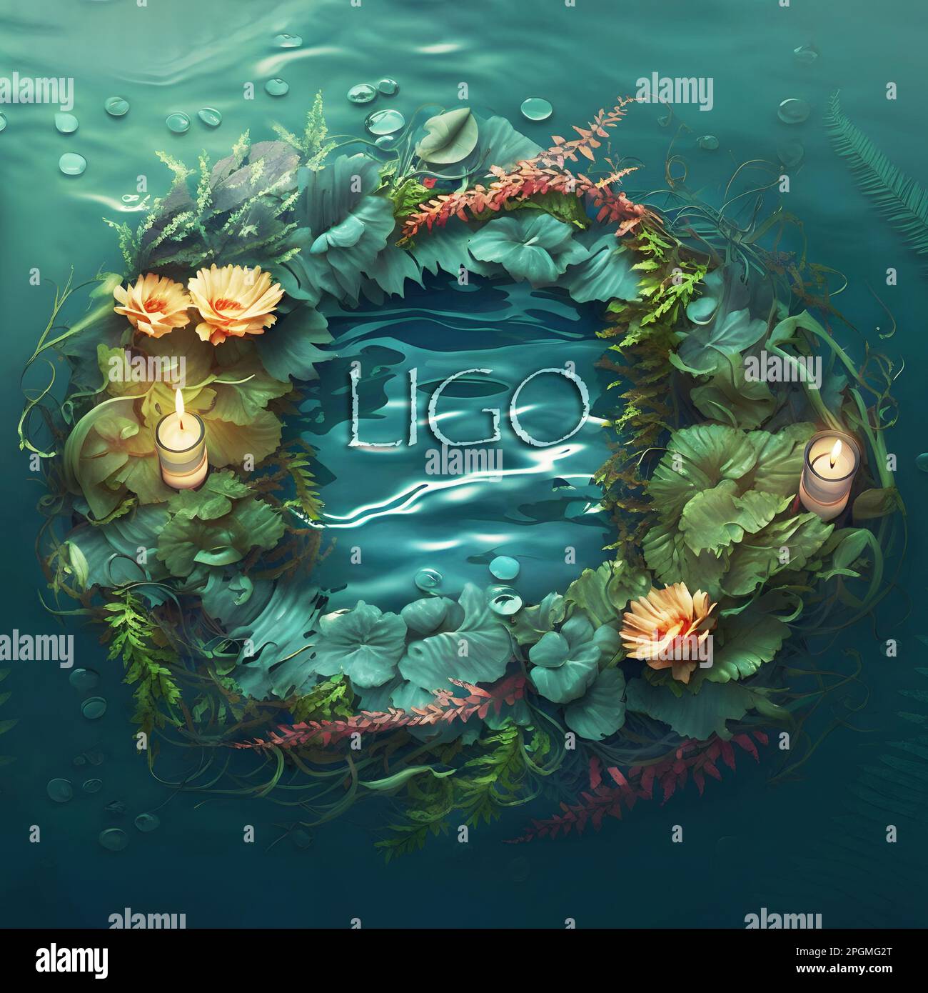 Midsummer holiday. Flowers wreath with burning candle in water at night