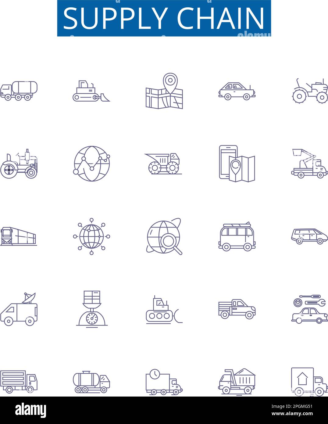 Supply chain line icons signs set. Design collection of Logistics, Supply, Distribution, Procurement, Flow, Management, Manufacturing, Delivery Stock Vector