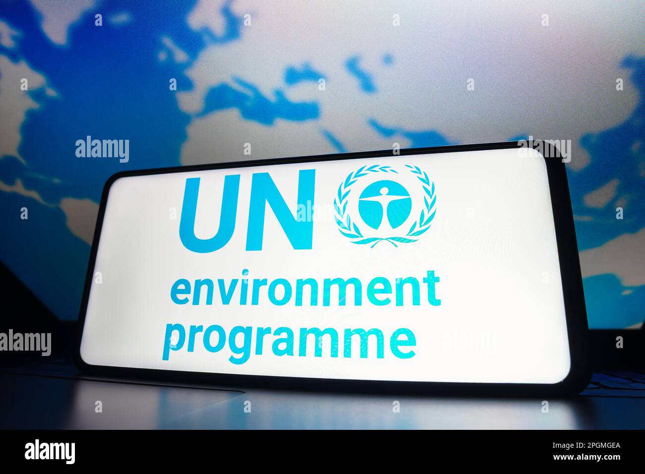 In this photo illustration, the United Nations Environment Programme (UNEP) logo seen displayed on a smartphone screen. Stock Photo