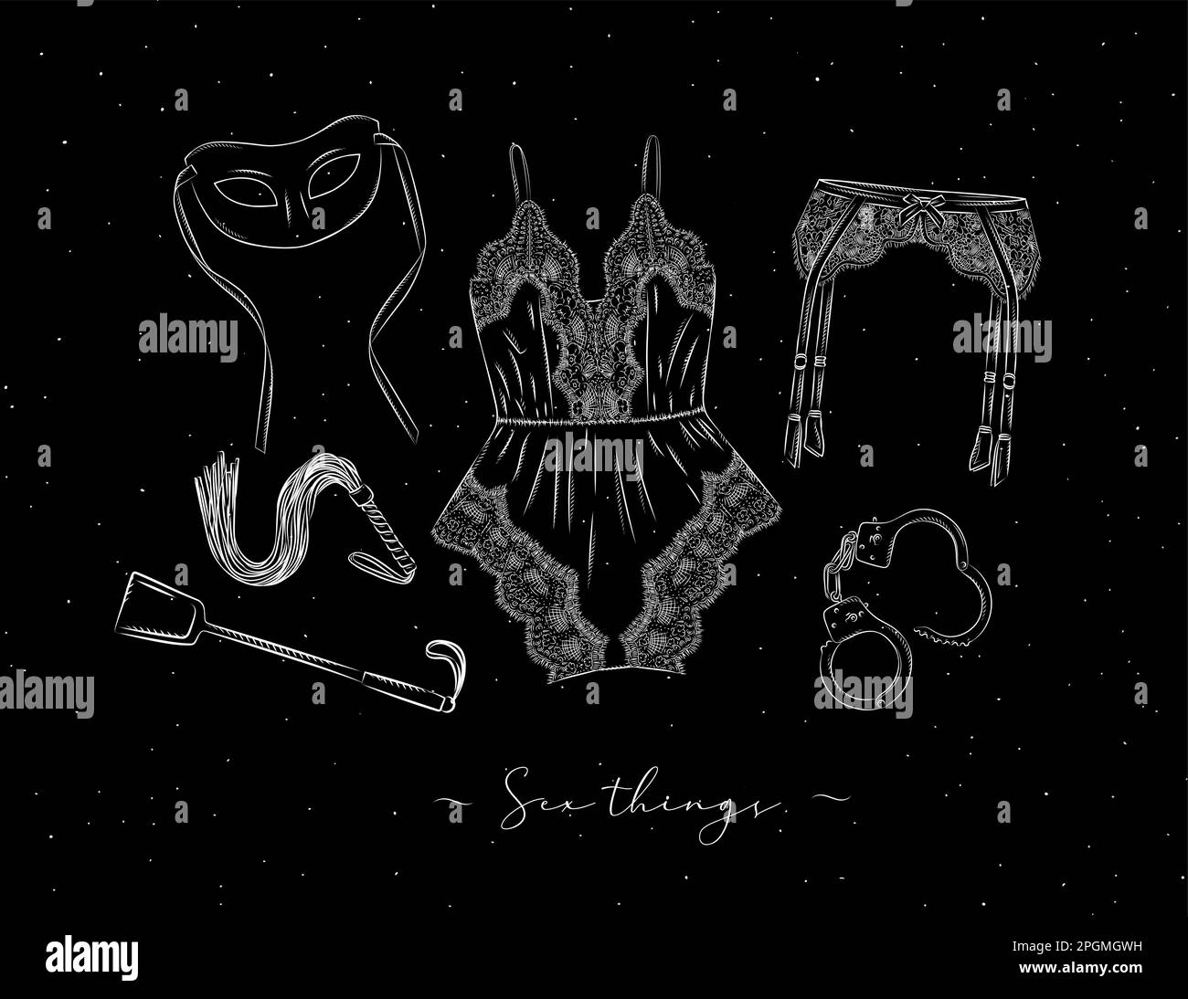 Sexy clothes and things for adult games in graphic style drawn on black background Stock Vector