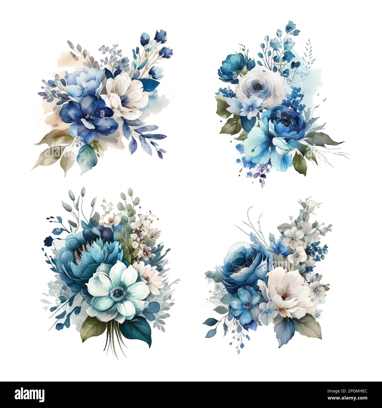 Classic blue, white rose, white hydrangea, ranunculus, anemone, thistle flowers, vector bouquets. Isolated and editable Stock Vector