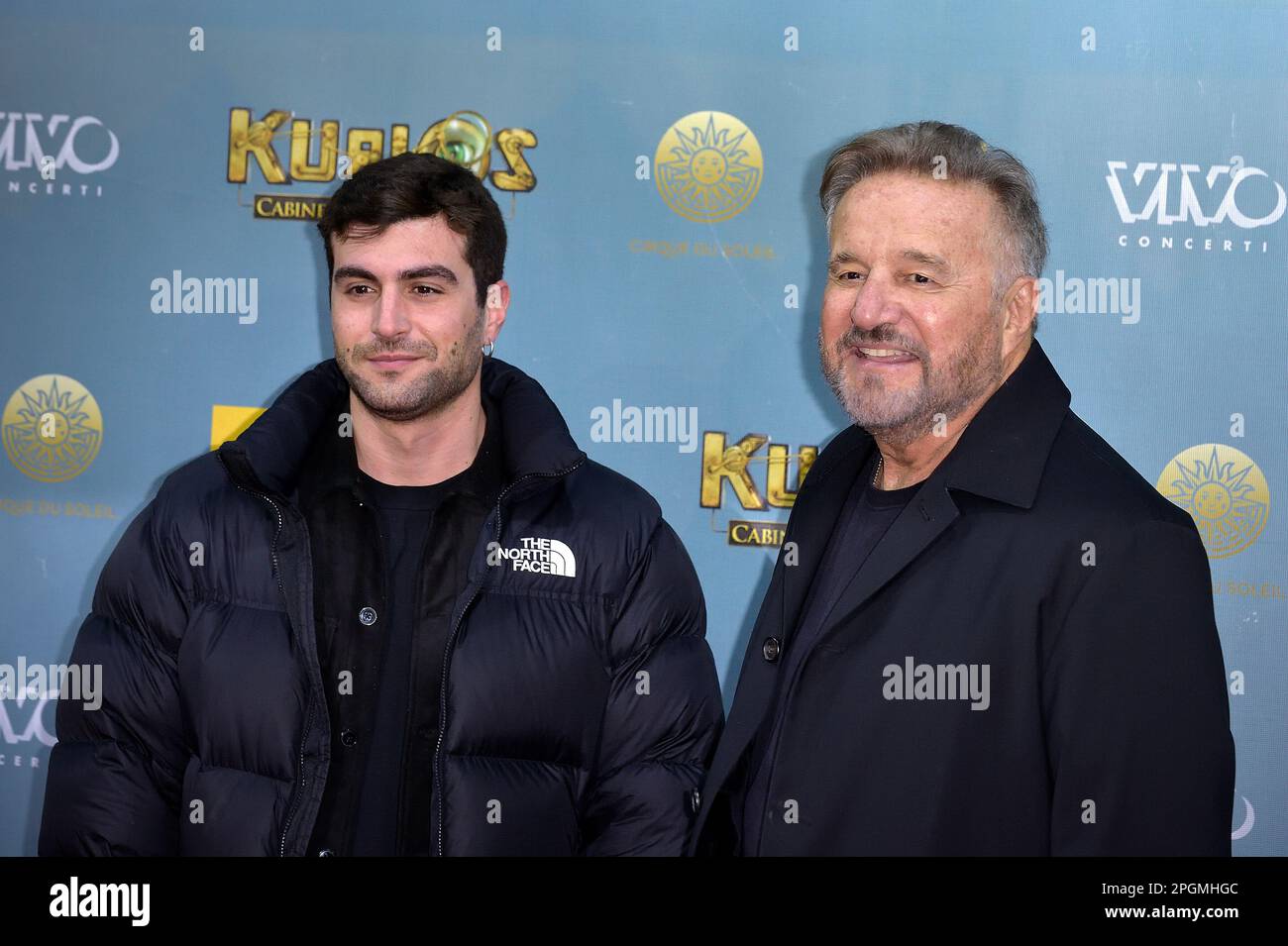 Rome, Italy. 22nd Mar, 2023. Francesco Brun and Christian De Sica attends the Premiere of Cirque du Soleil's 'Kurios: Cabinet Of Curiosities' on March 22, 2023 in Rome, Italy. Credit: dpa/Alamy Live News Stock Photo