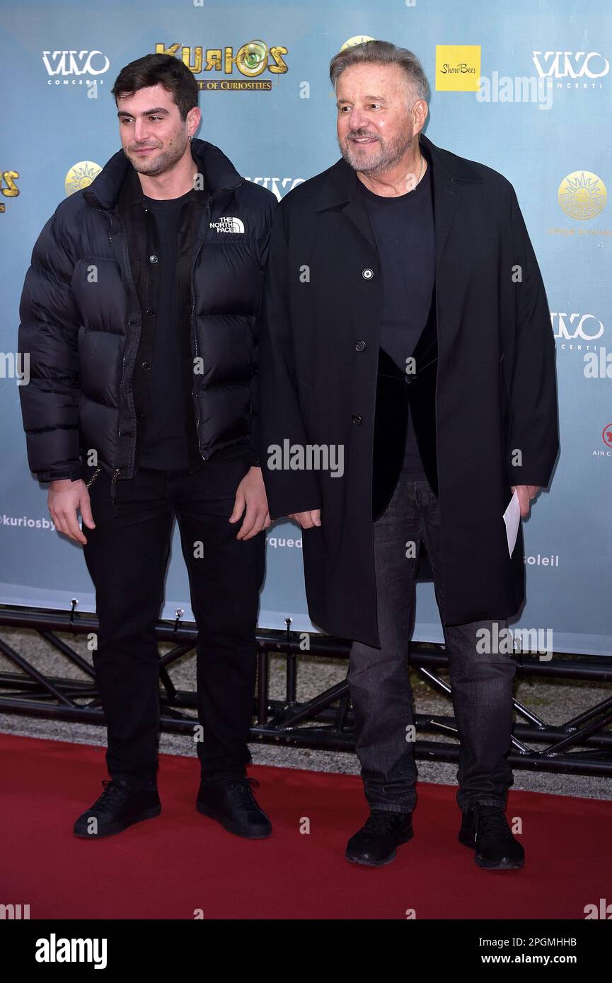 Rome, Italy. 22nd Mar, 2023. Francesco Brun and Christian De Sica attends the Premiere of Cirque du Soleil's 'Kurios: Cabinet Of Curiosities' on March 22, 2023 in Rome, Italy. Credit: dpa/Alamy Live News Stock Photo
