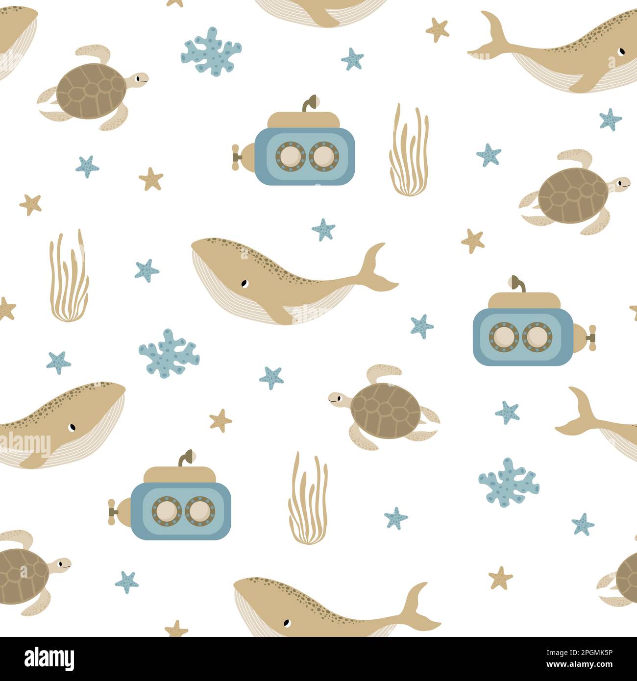 Vector seamless pattern with whale, submarine, turtle, starfish, algae.Underwater cartoon creatures.Marine background.Cute ocean pattern for fabric Stock Vector