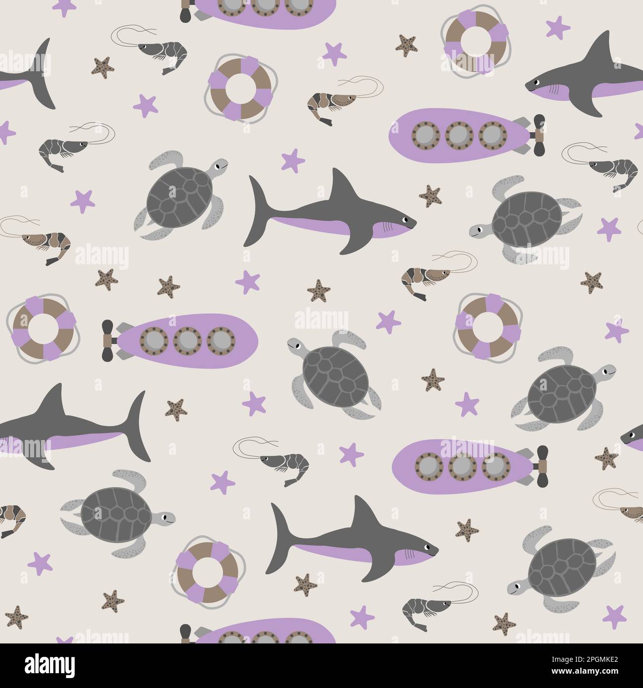 Vector seamless pattern with shark,submarine,turtle,shrimp,starfish,lifebuoy.Underwater cartoon creatures.Marine background.Cute ocean pattern for Stock Vector
